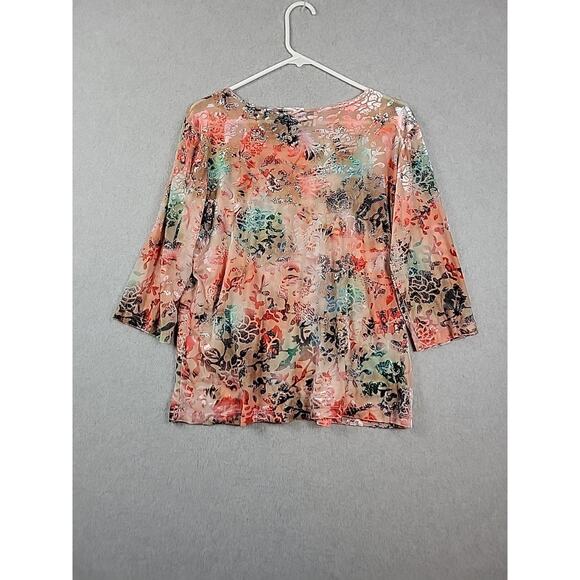 Clint Honolulu Colorful Tropical Floral 3/4 Sleeve Blouse Large Stretch Sheer - Picture 6 of 12